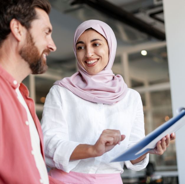 man and woman in conversation